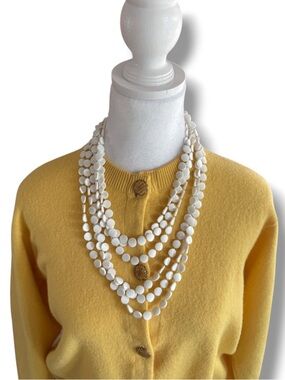 Vintage 3-Strand White Coin Bead Long Necklace Gold Tone Clasp